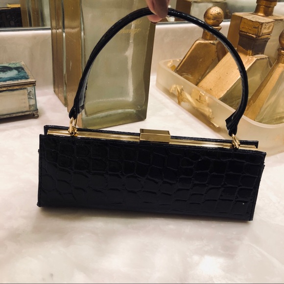 None Handbags - Evening purse, black patent with alligator print.